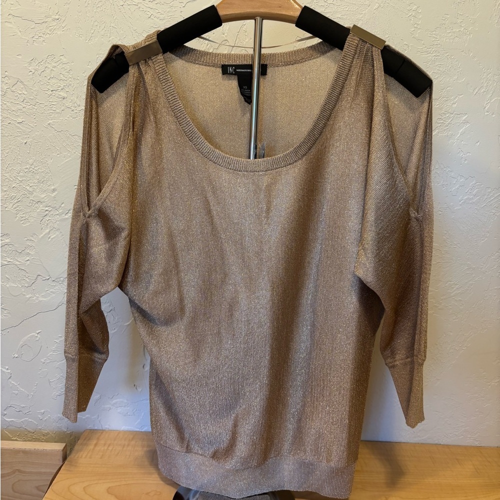 NWT INC International Concepts Gold Shimmer Cold Shoulder Sweater - XS
